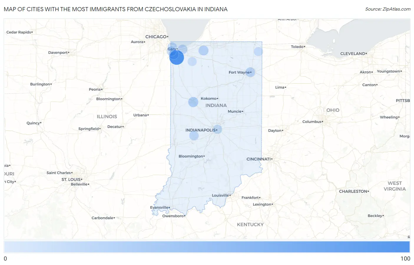 Cities with the Most Immigrants from Czechoslovakia in Indiana Map
