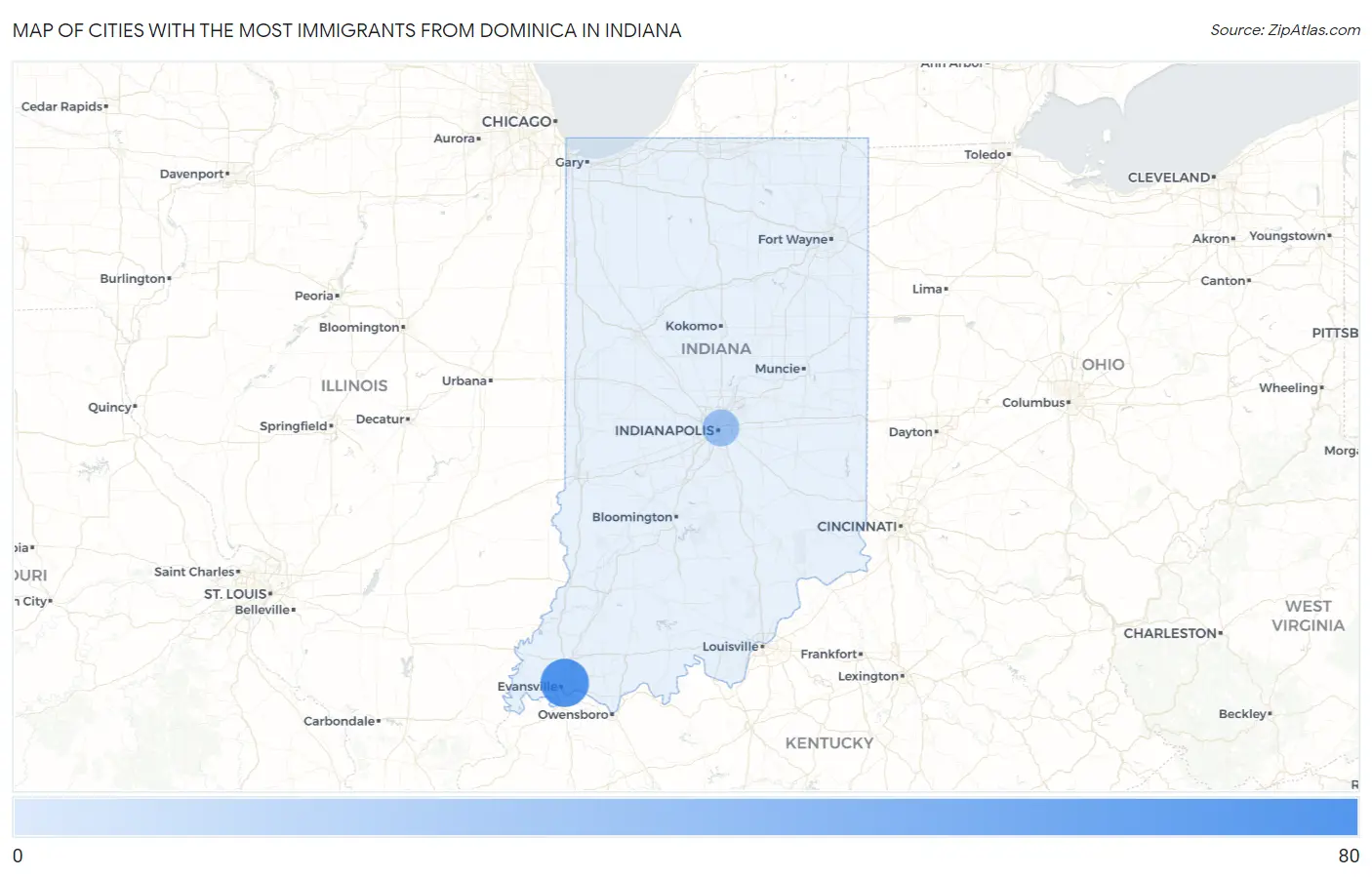 Cities with the Most Immigrants from Dominica in Indiana Map