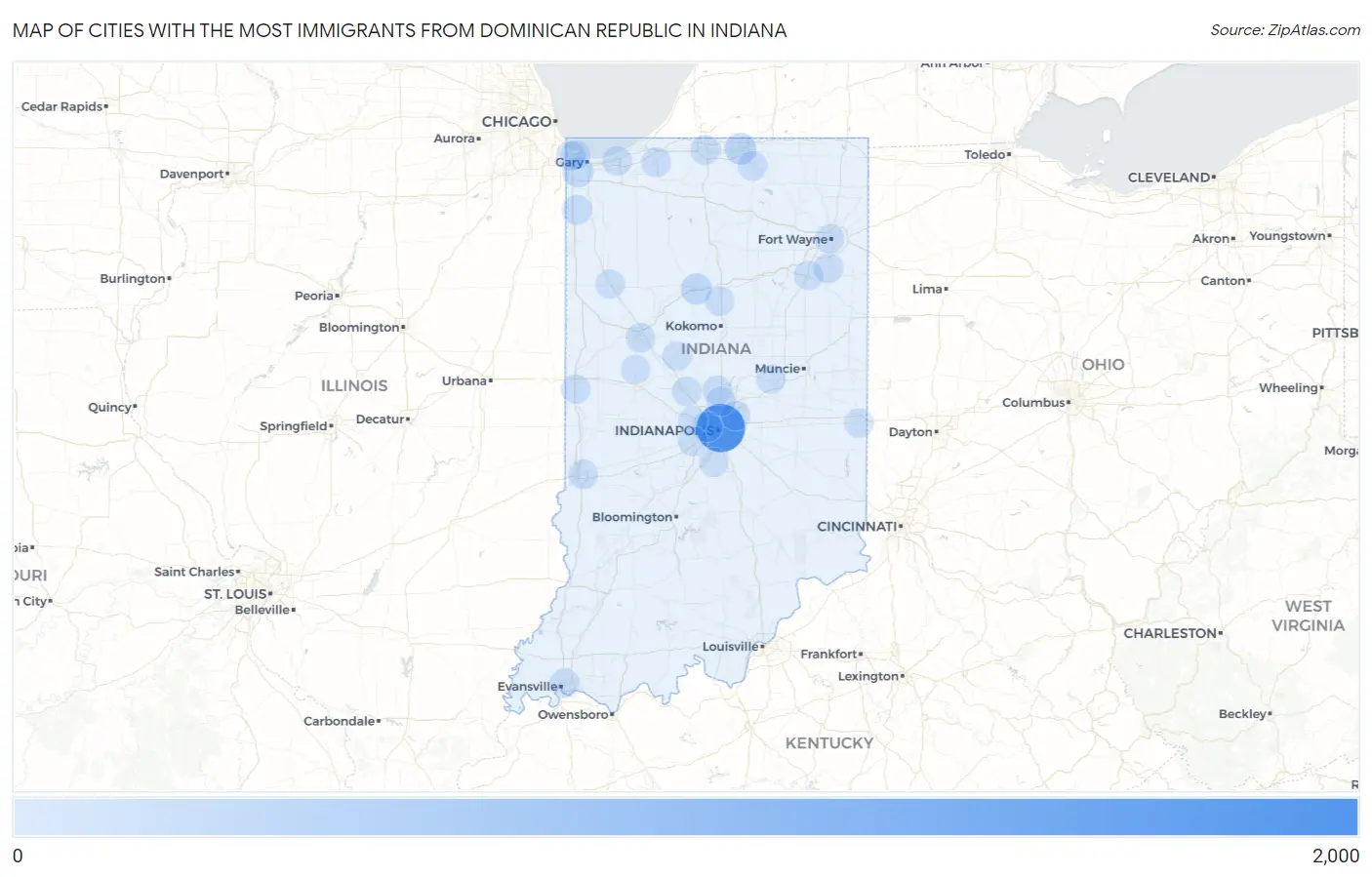 Cities with the Most Immigrants from Dominican Republic in Indiana Map