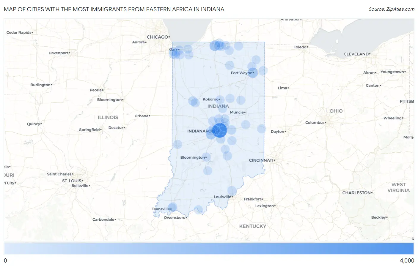 Cities with the Most Immigrants from Eastern Africa in Indiana Map