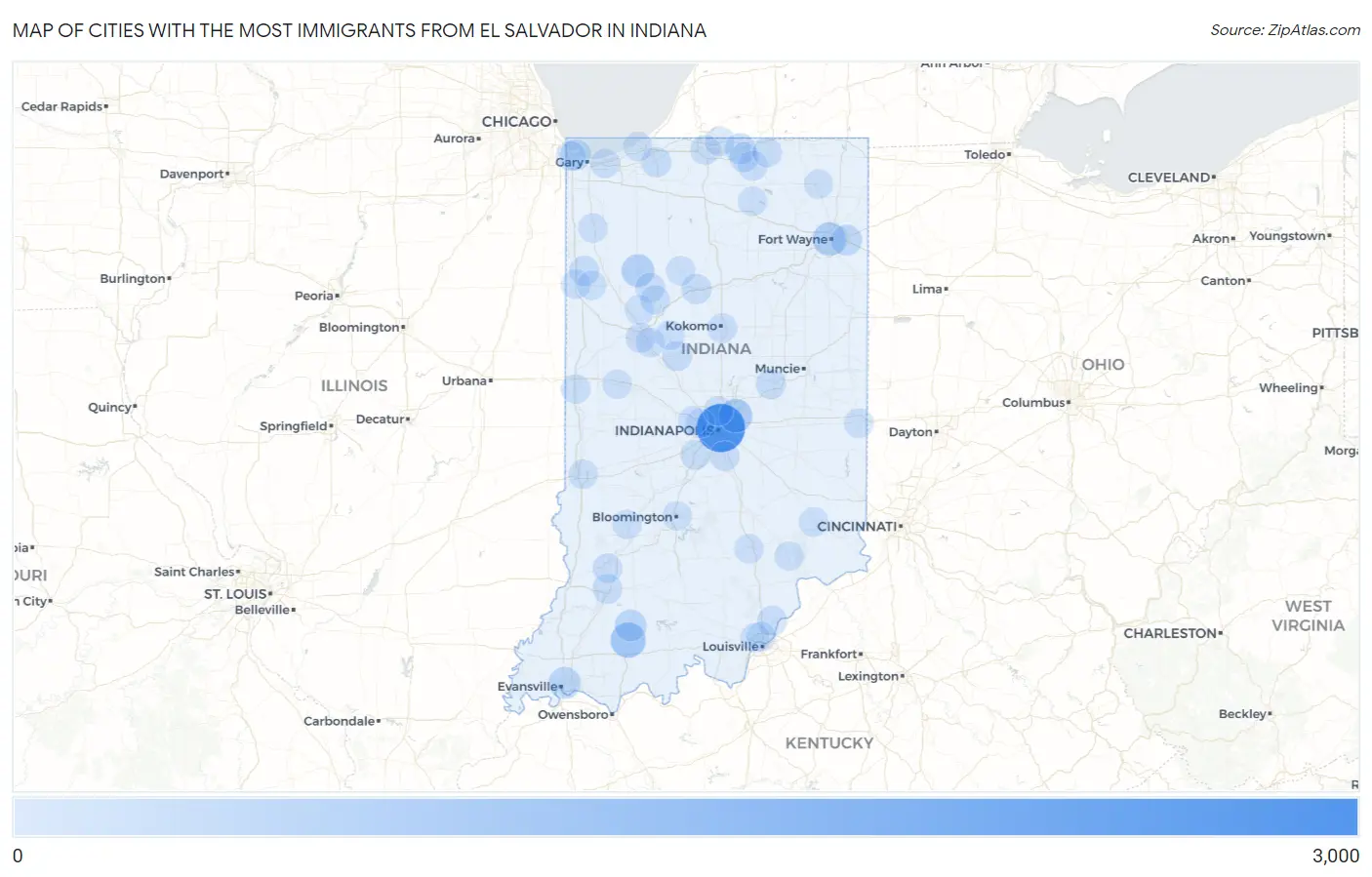 Cities with the Most Immigrants from El Salvador in Indiana Map