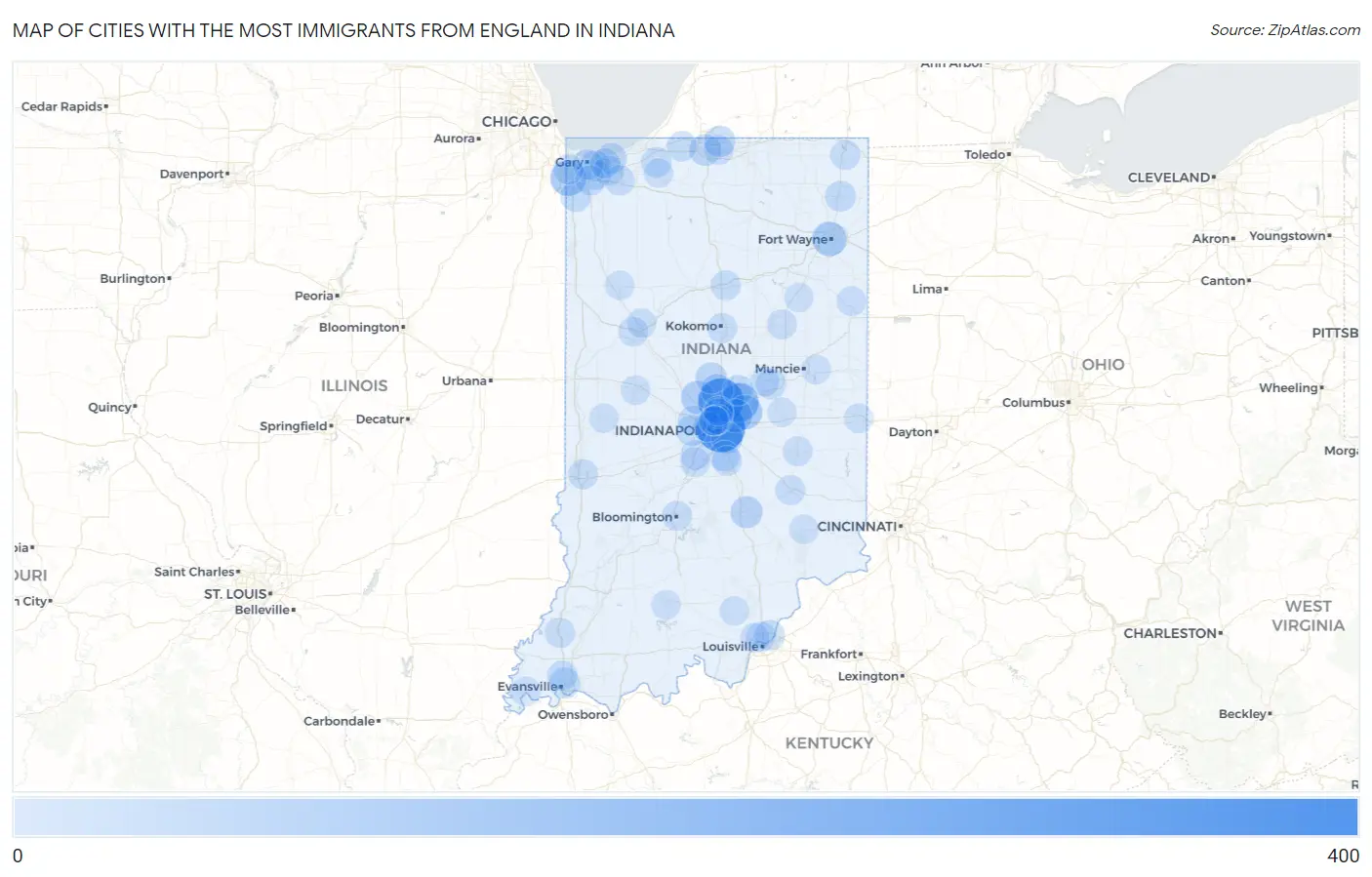 Cities with the Most Immigrants from England in Indiana Map