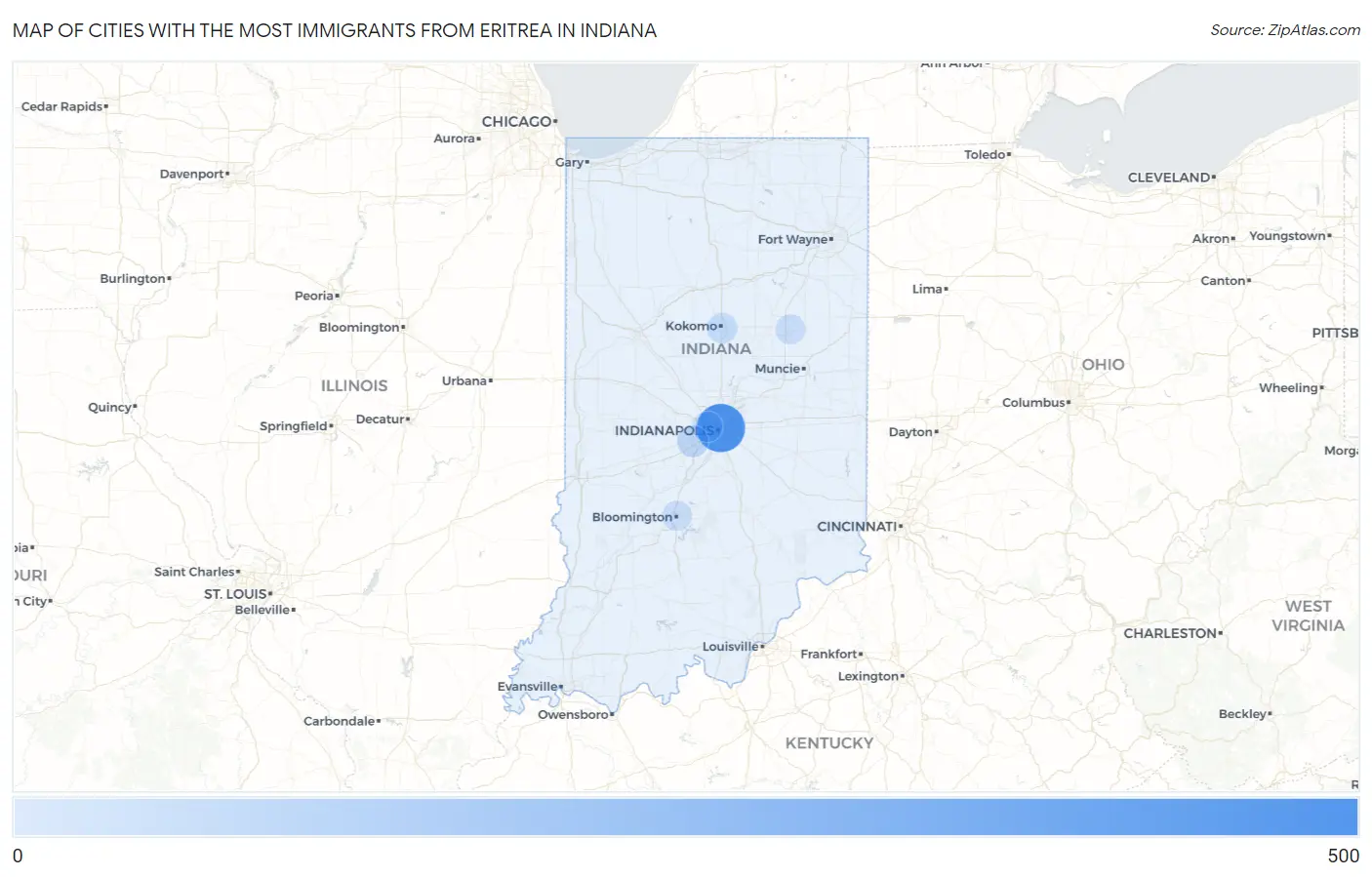 Cities with the Most Immigrants from Eritrea in Indiana Map