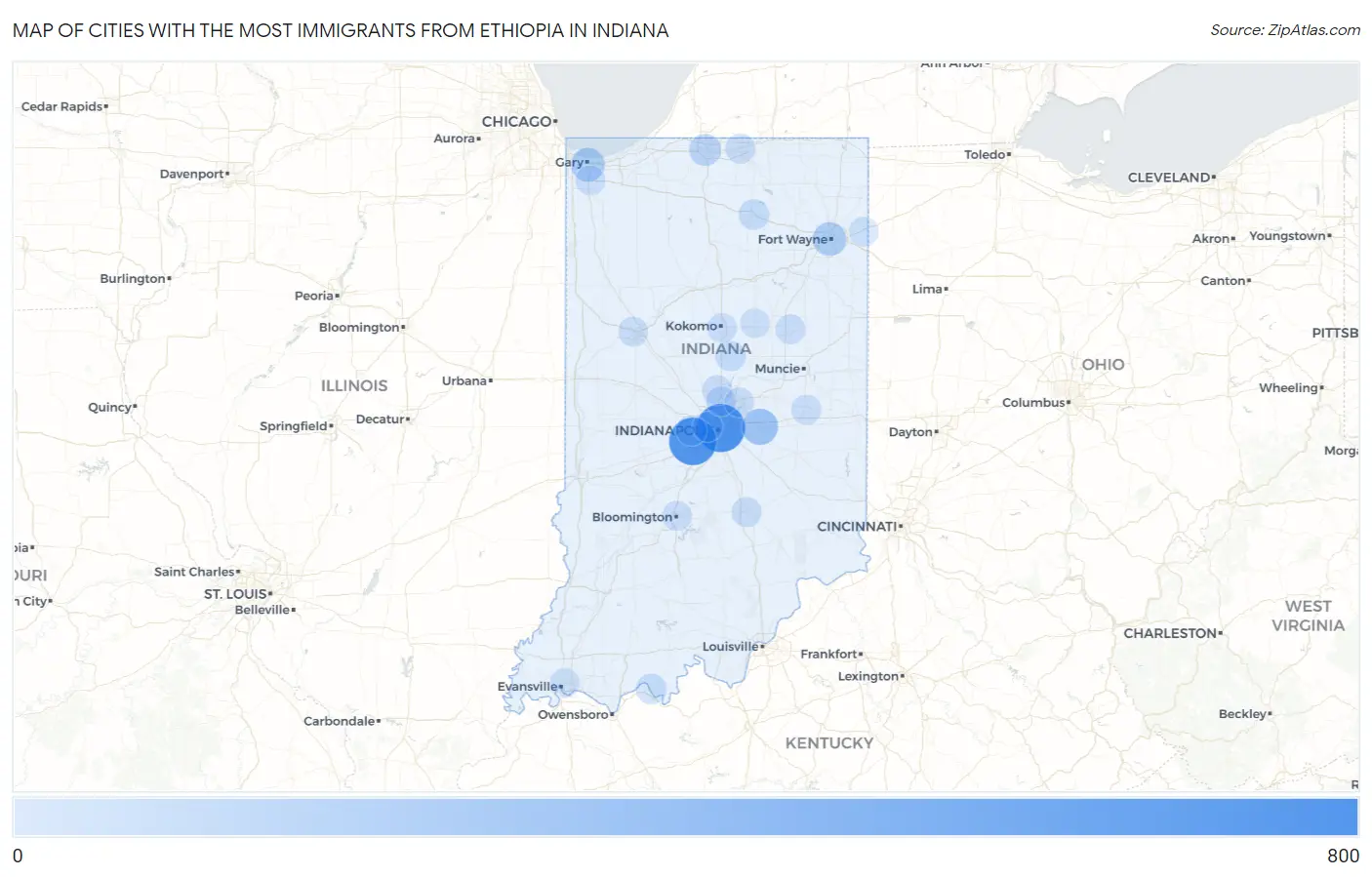 Cities with the Most Immigrants from Ethiopia in Indiana Map
