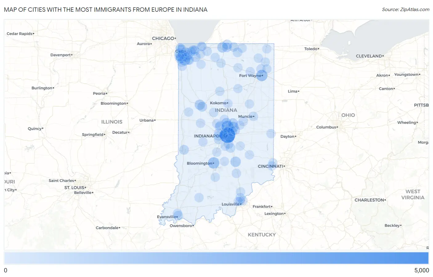 Cities with the Most Immigrants from Europe in Indiana Map