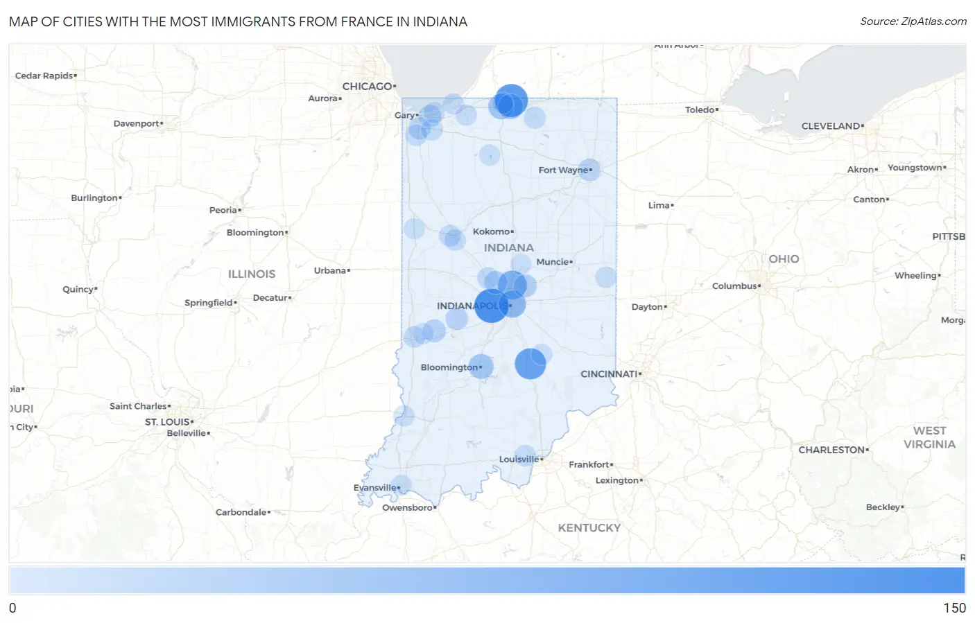 Cities with the Most Immigrants from France in Indiana Map