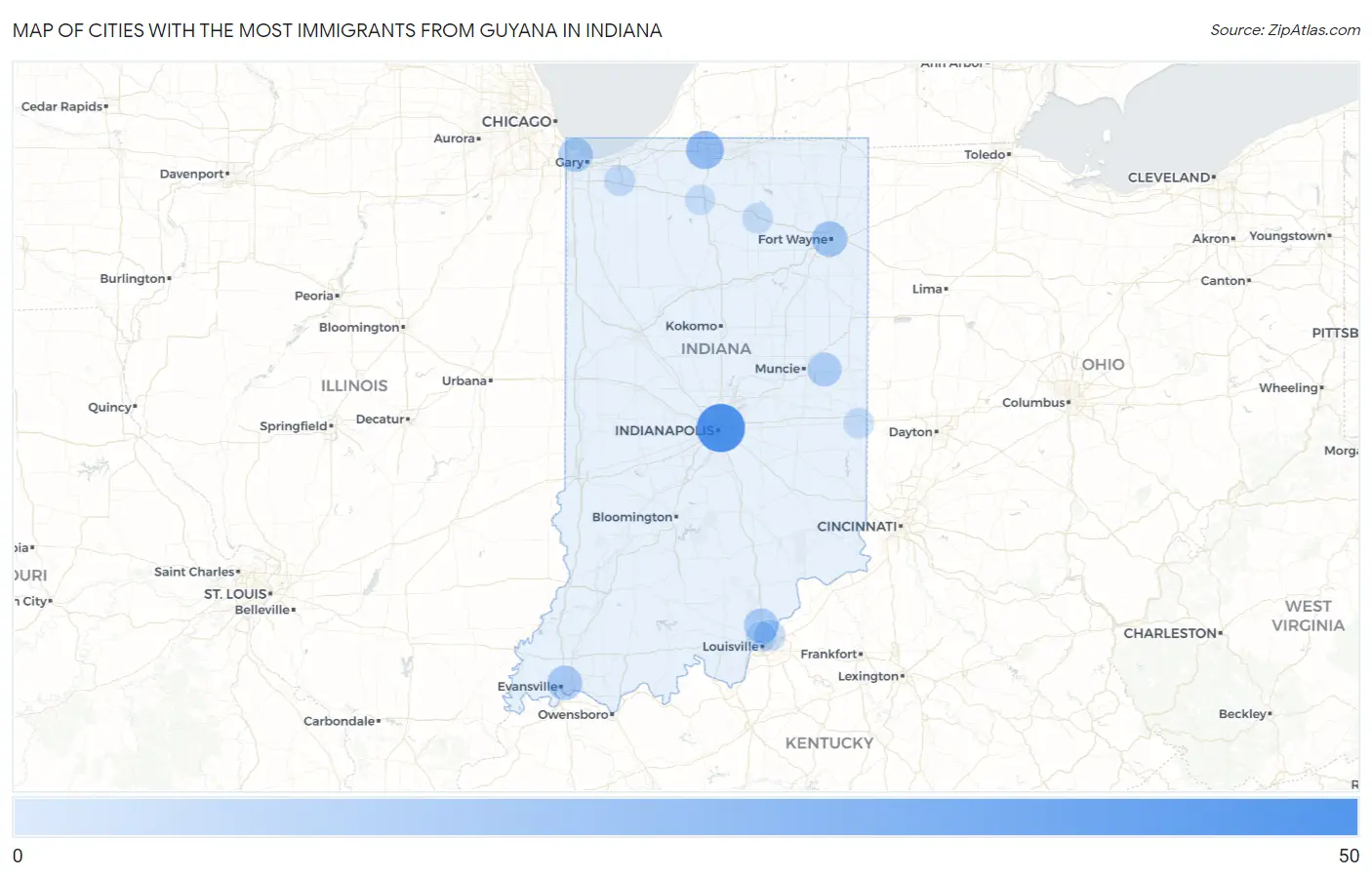 Cities with the Most Immigrants from Guyana in Indiana Map
