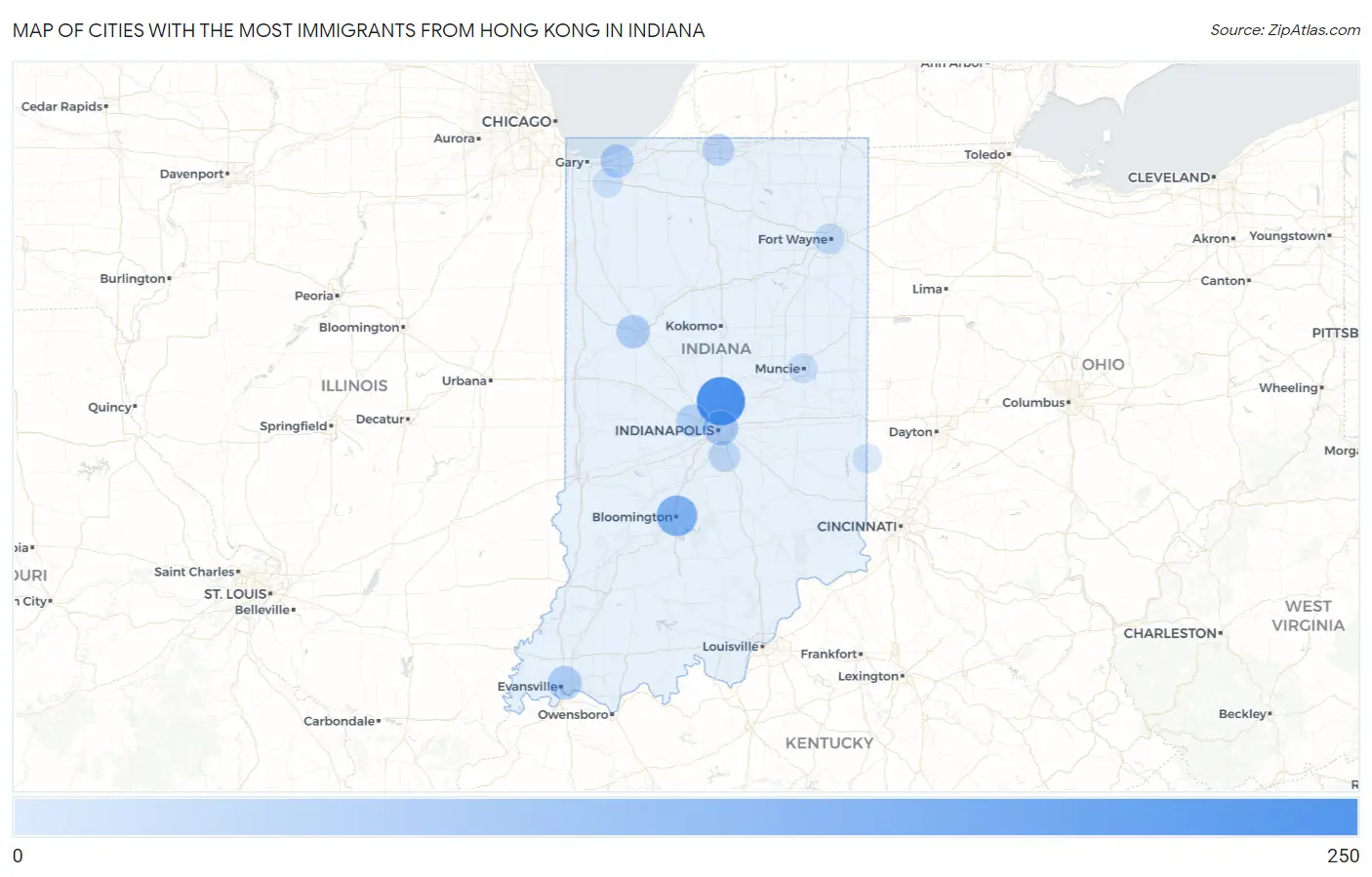 Cities with the Most Immigrants from Hong Kong in Indiana Map