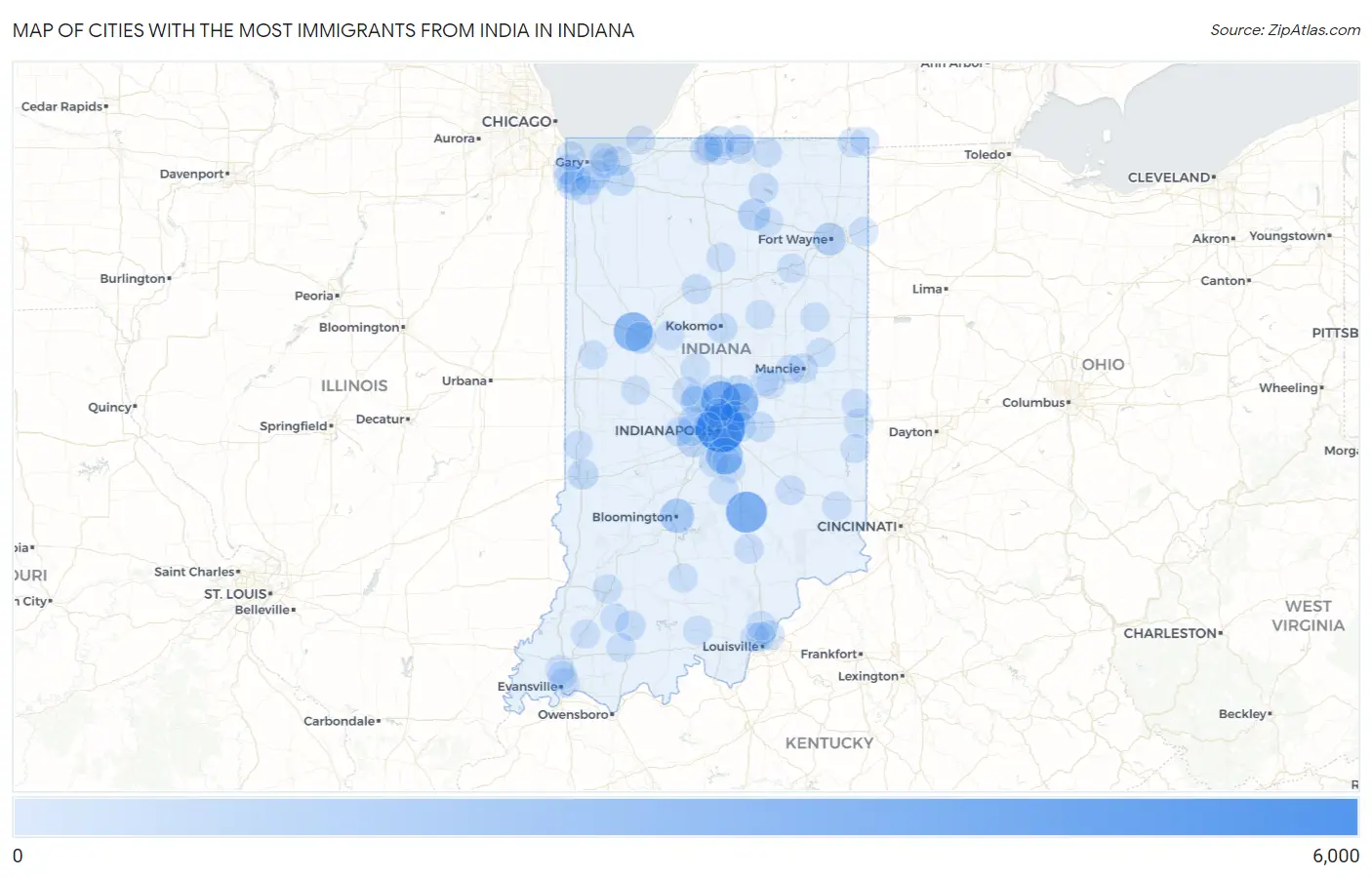 Cities with the Most Immigrants from India in Indiana Map
