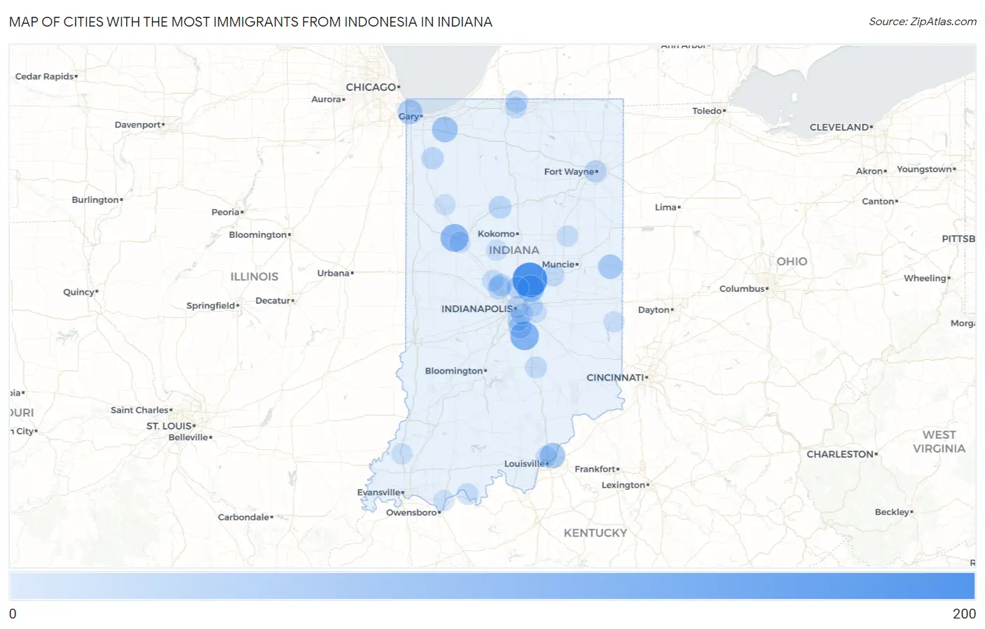 Cities with the Most Immigrants from Indonesia in Indiana Map