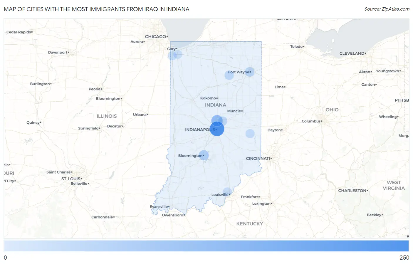 Cities with the Most Immigrants from Iraq in Indiana Map