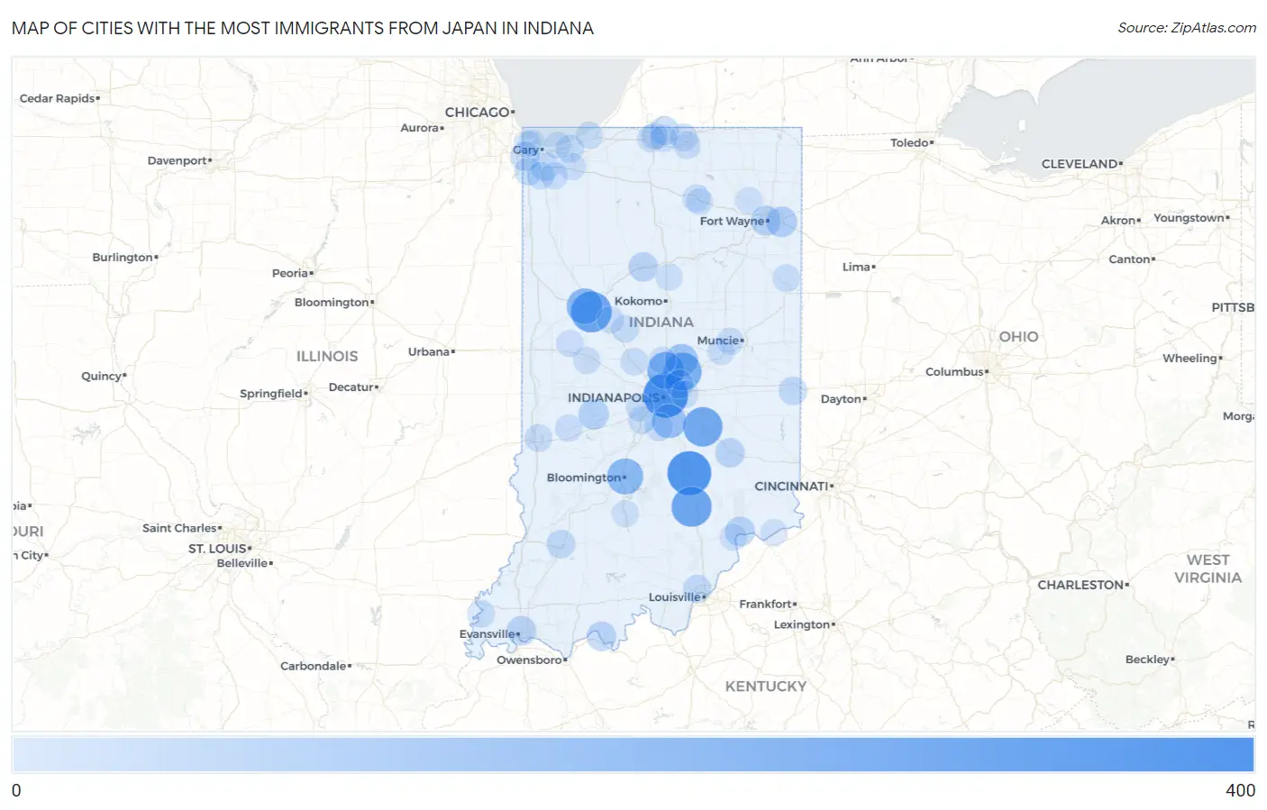 Cities with the Most Immigrants from Japan in Indiana Map