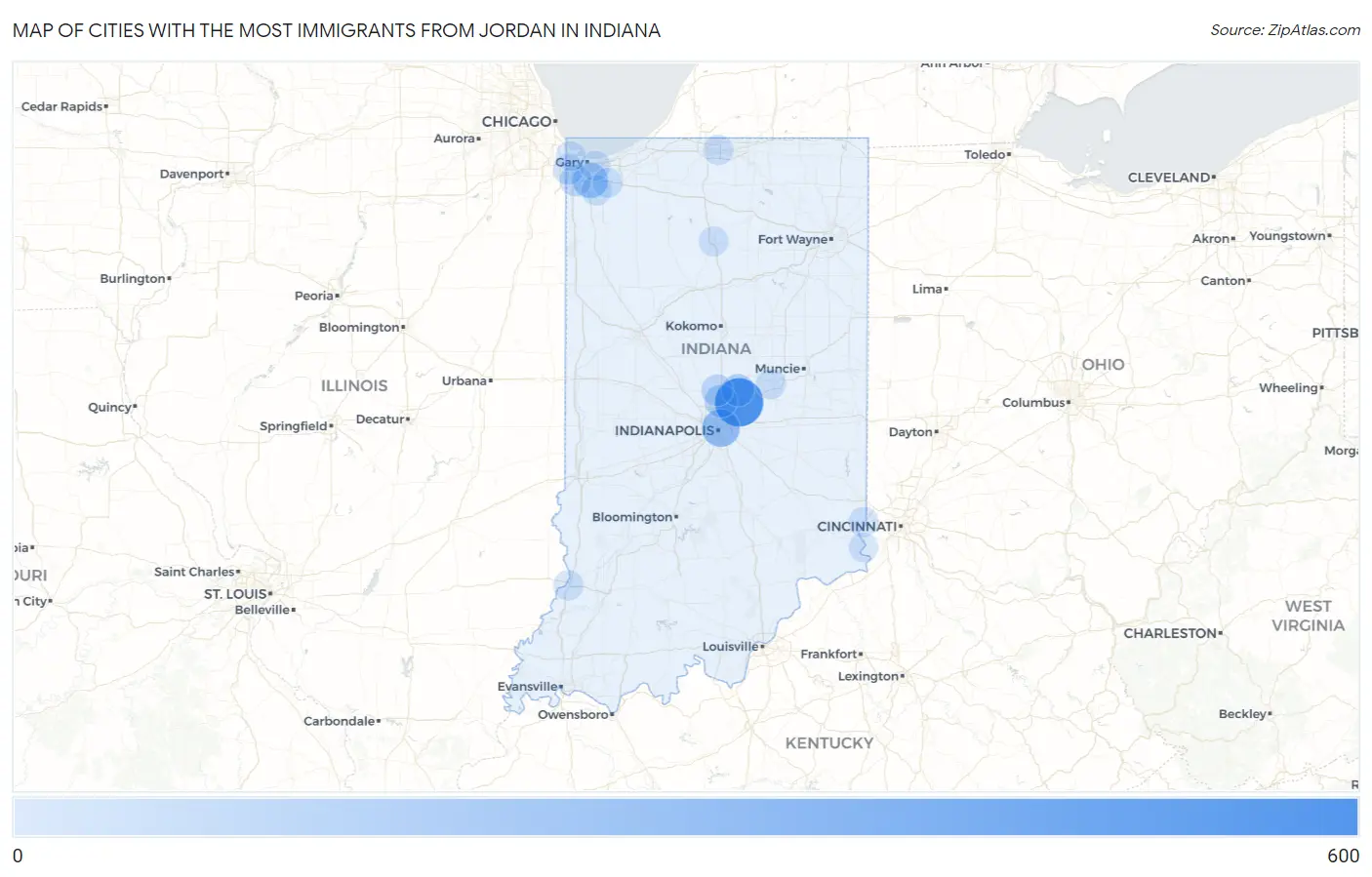 Cities with the Most Immigrants from Jordan in Indiana Map