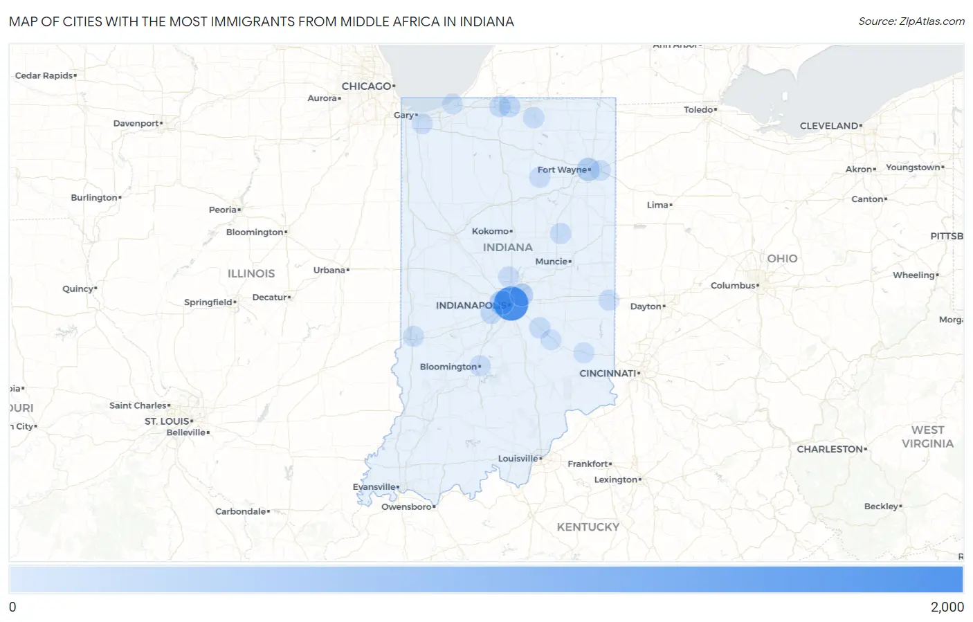 Cities with the Most Immigrants from Middle Africa in Indiana Map