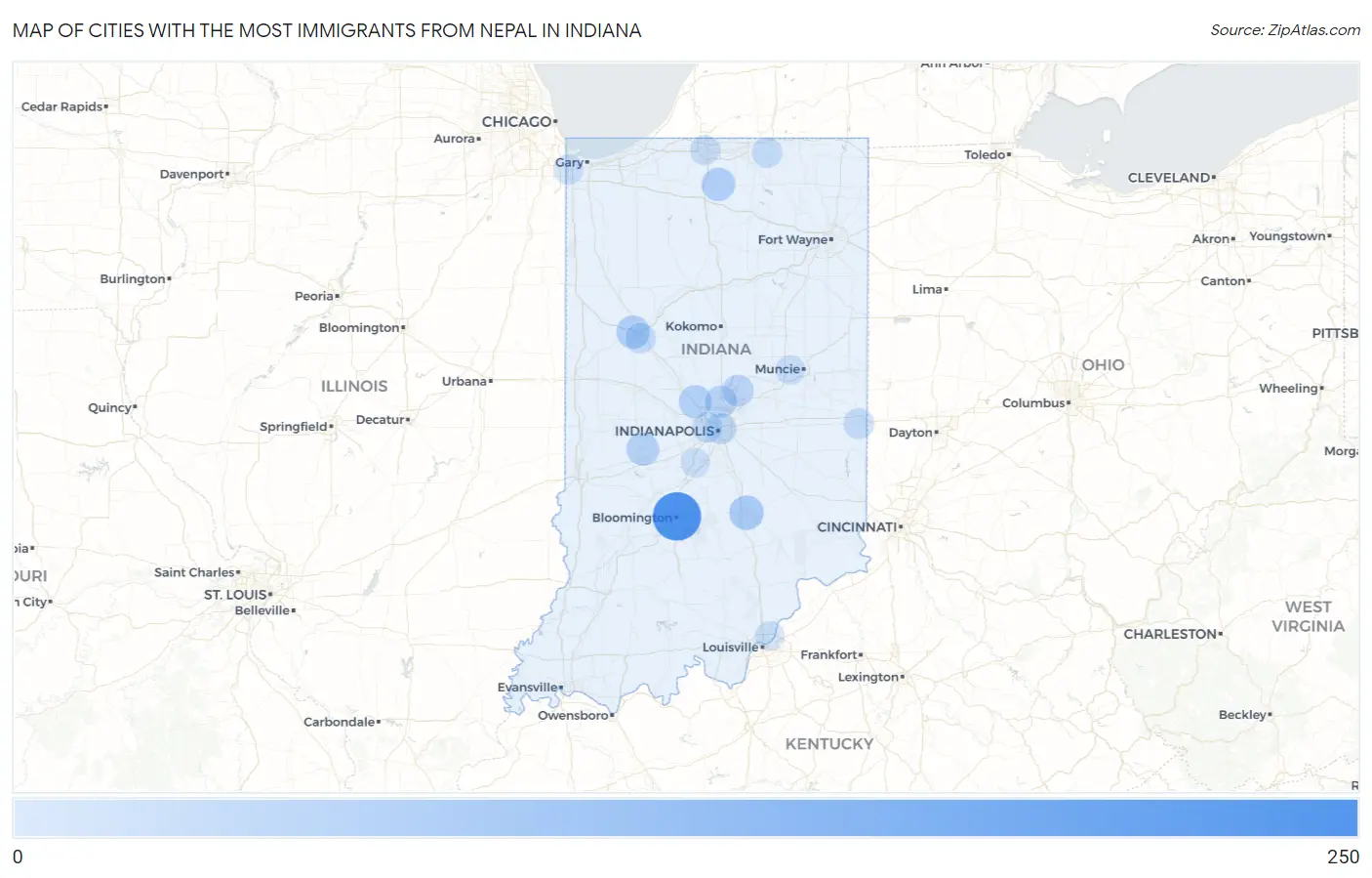 Cities with the Most Immigrants from Nepal in Indiana Map