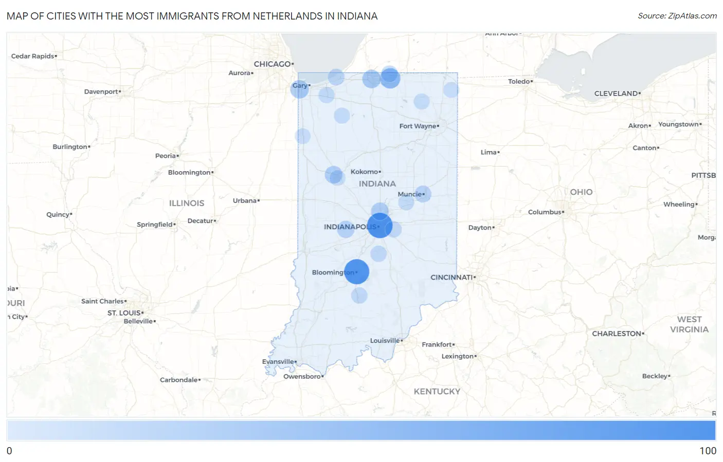 Cities with the Most Immigrants from Netherlands in Indiana Map