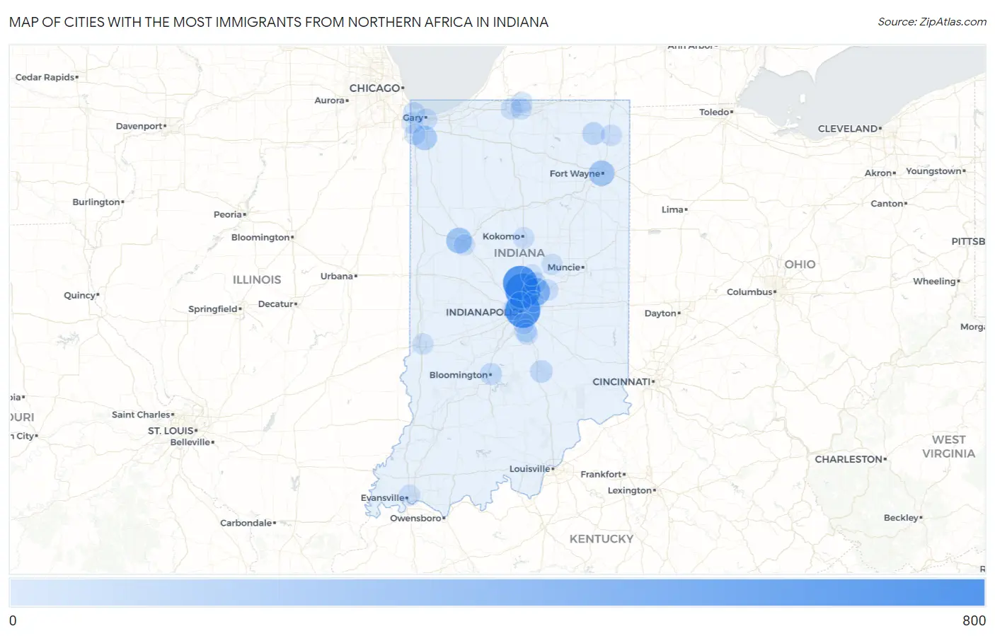 Cities with the Most Immigrants from Northern Africa in Indiana Map