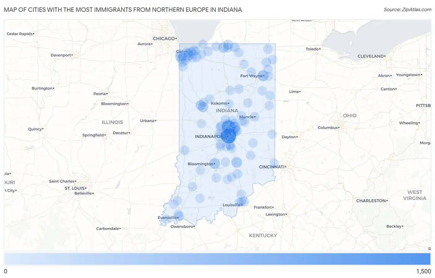 Cities with the Most Immigrants from Northern Europe in Indiana Map