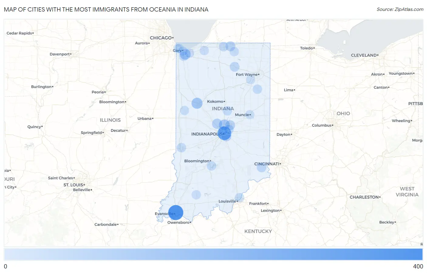 Cities with the Most Immigrants from Oceania in Indiana Map