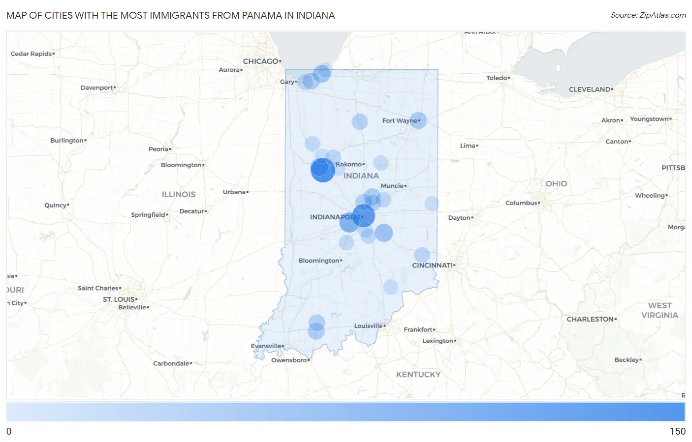 Cities with the Most Immigrants from Panama in Indiana Map