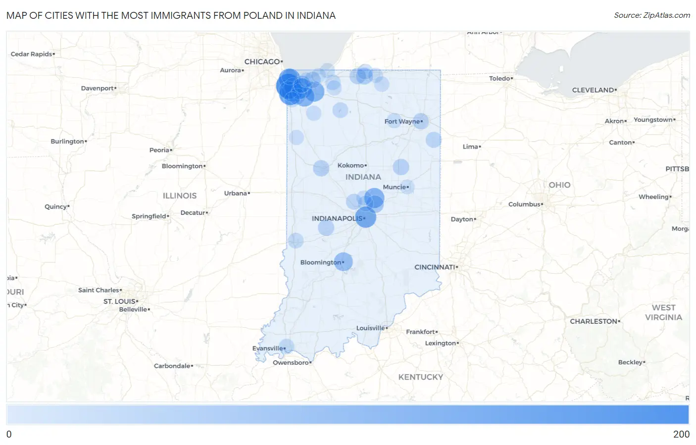 Cities with the Most Immigrants from Poland in Indiana Map