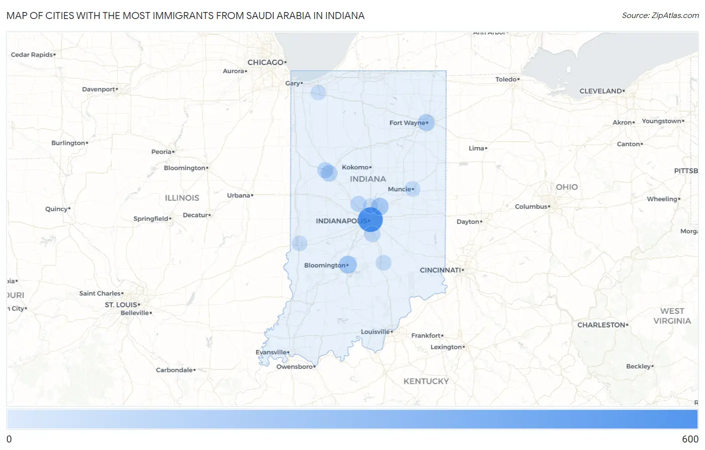 Cities with the Most Immigrants from Saudi Arabia in Indiana Map