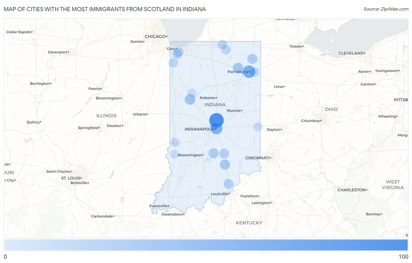 Cities with the Most Immigrants from Scotland in Indiana Map