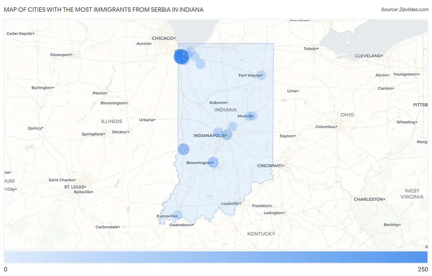 Cities with the Most Immigrants from Serbia in Indiana Map