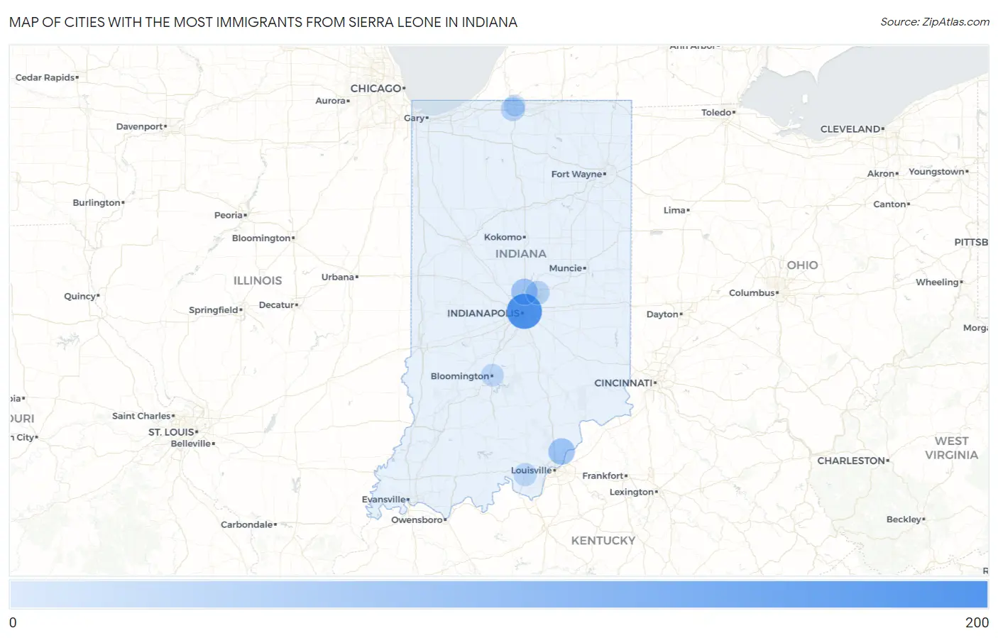 Cities with the Most Immigrants from Sierra Leone in Indiana Map