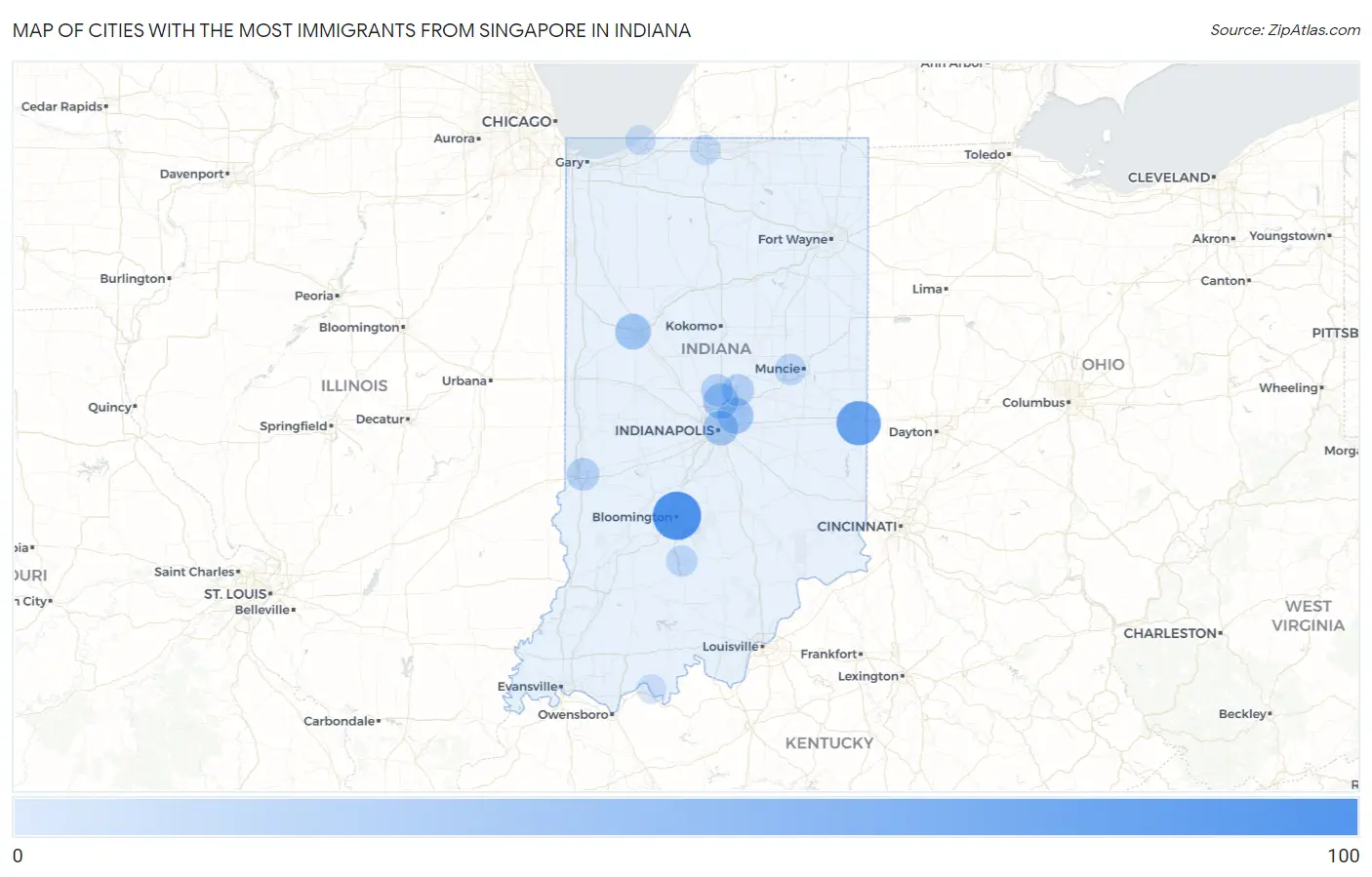 Cities with the Most Immigrants from Singapore in Indiana Map