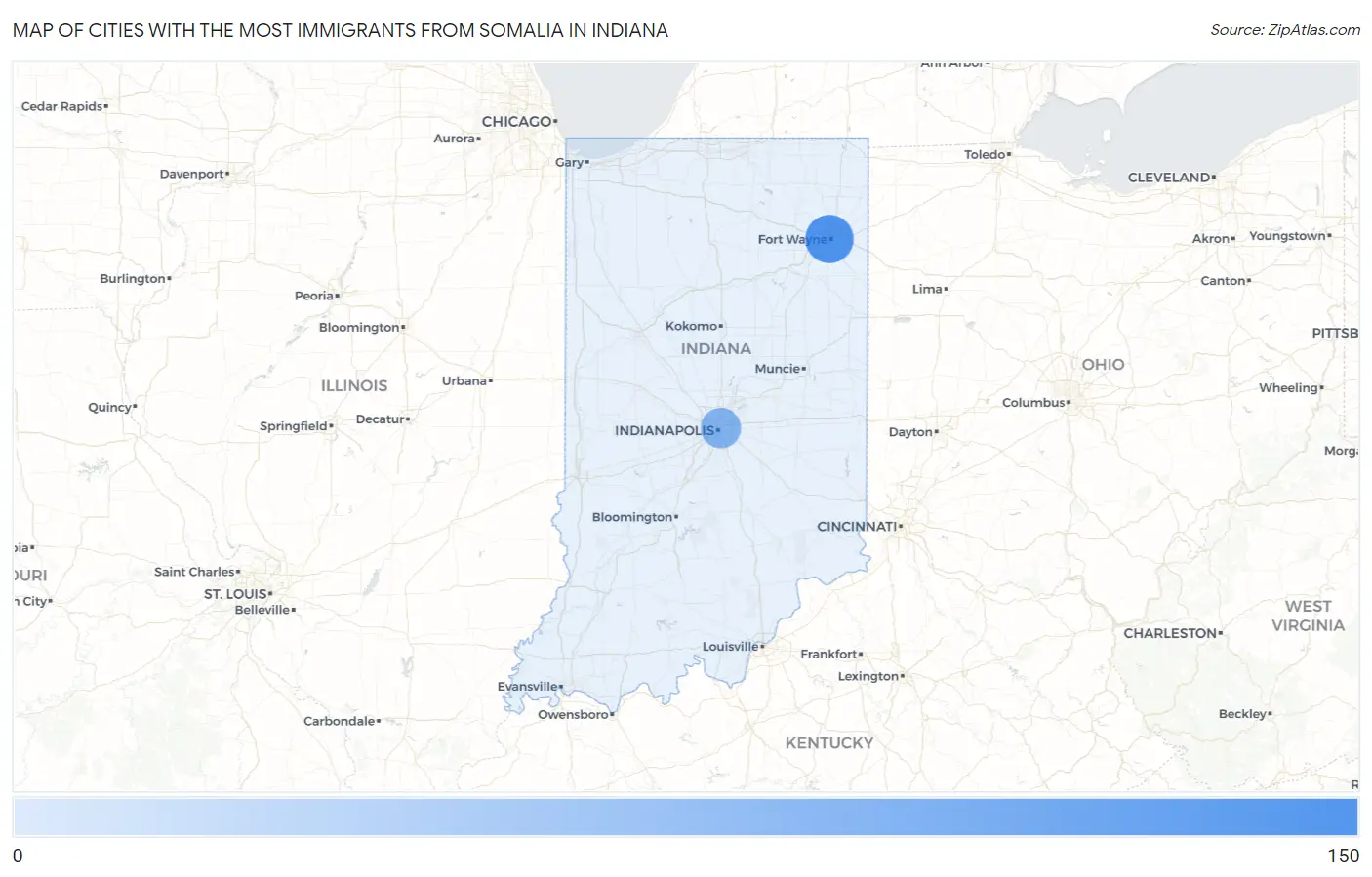 Cities with the Most Immigrants from Somalia in Indiana Map