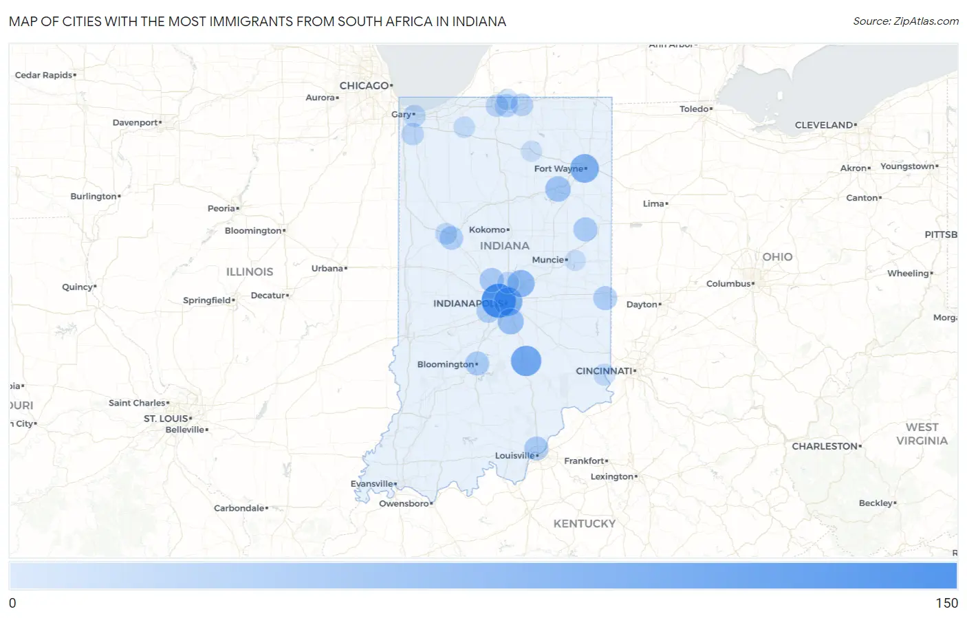Cities with the Most Immigrants from South Africa in Indiana Map