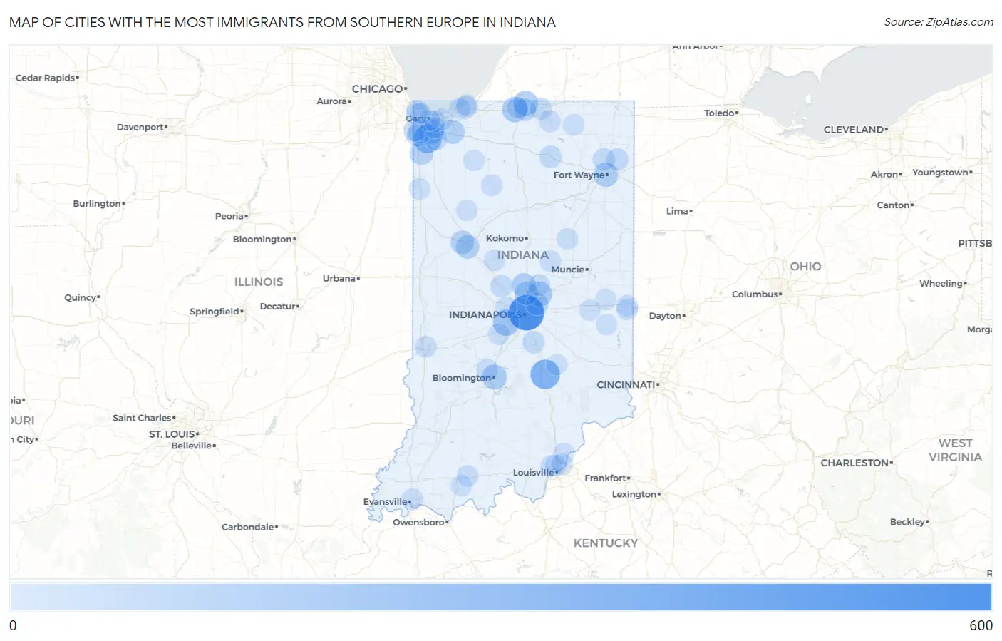 Cities with the Most Immigrants from Southern Europe in Indiana Map