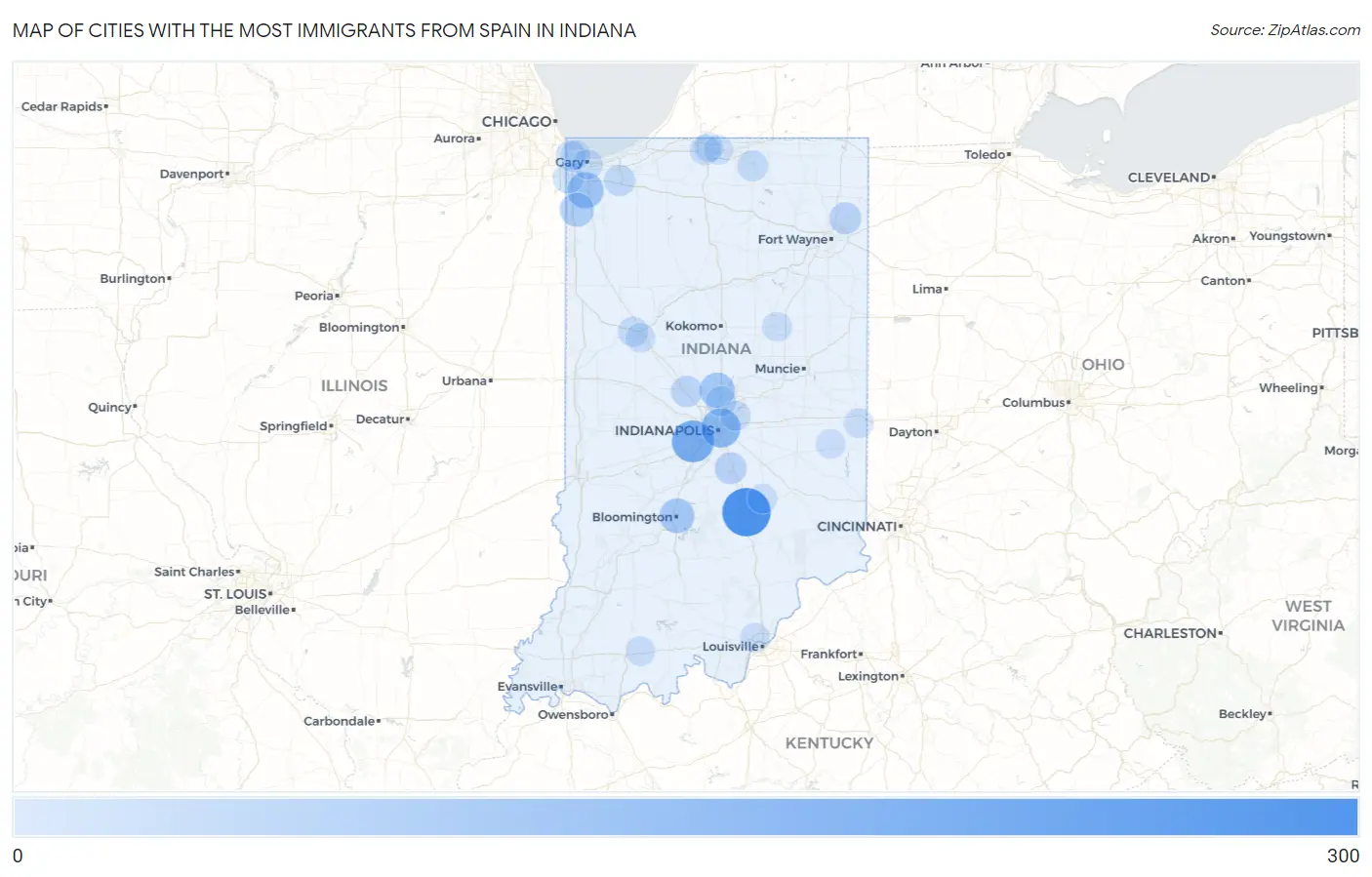 Cities with the Most Immigrants from Spain in Indiana Map