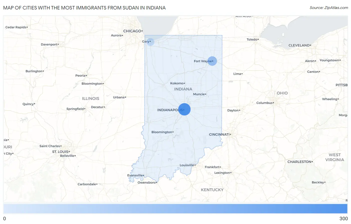 Cities with the Most Immigrants from Sudan in Indiana Map