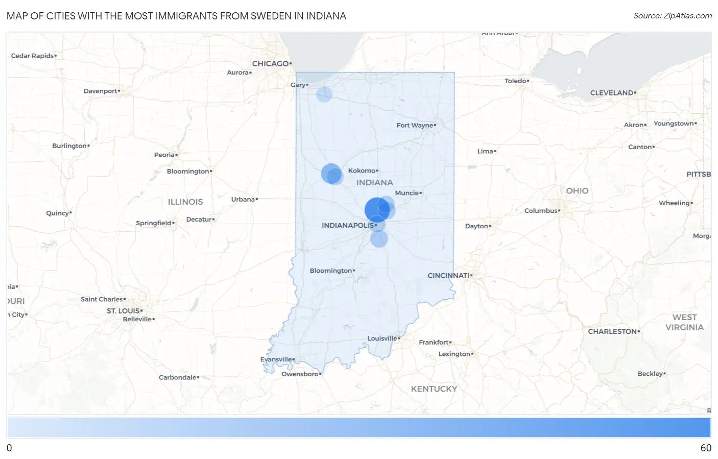 Cities with the Most Immigrants from Sweden in Indiana Map