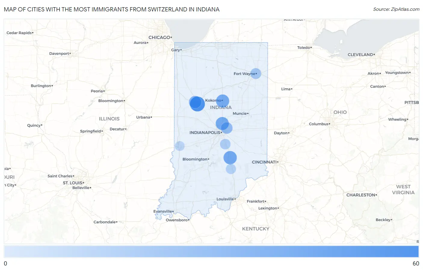 Cities with the Most Immigrants from Switzerland in Indiana Map
