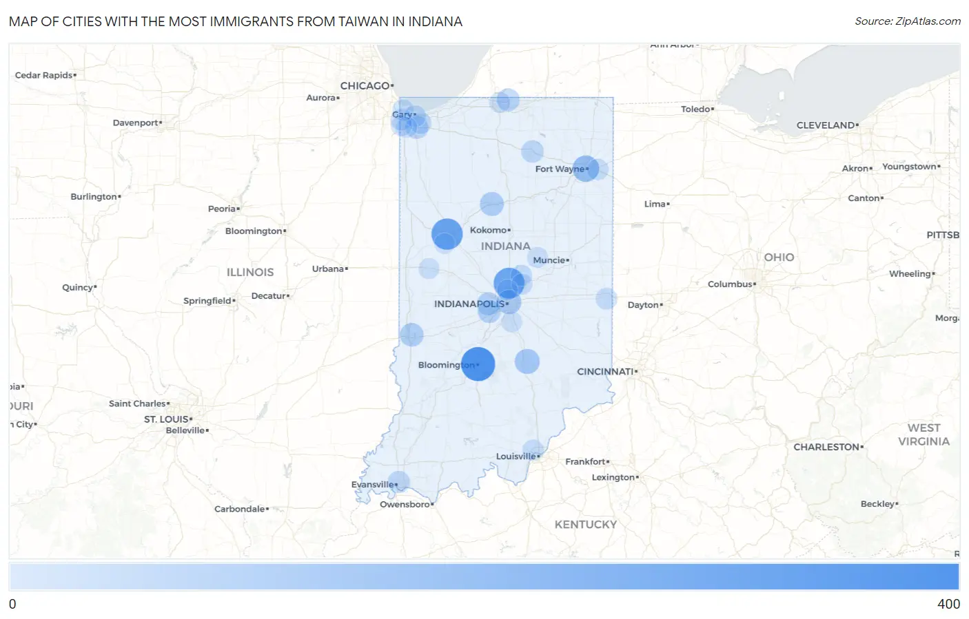 Cities with the Most Immigrants from Taiwan in Indiana Map