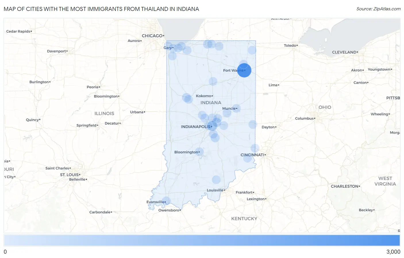 Cities with the Most Immigrants from Thailand in Indiana Map