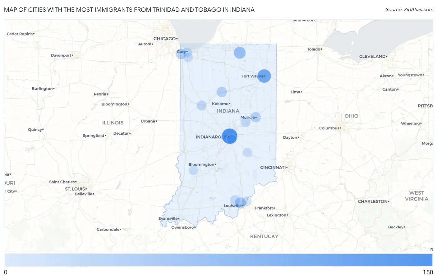 Cities with the Most Immigrants from Trinidad and Tobago in Indiana Map