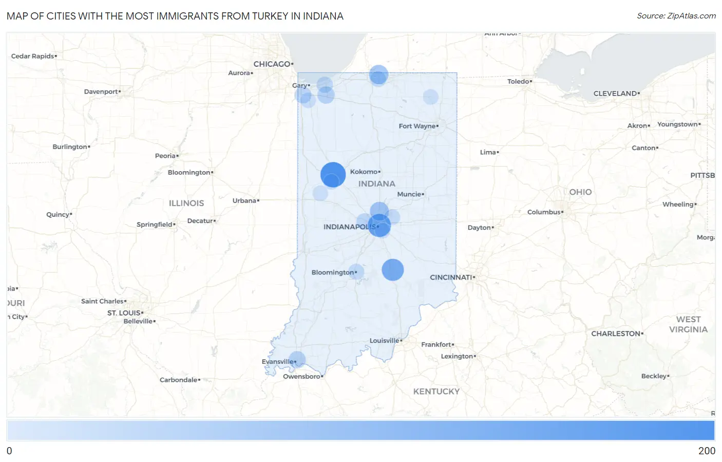 Cities with the Most Immigrants from Turkey in Indiana Map