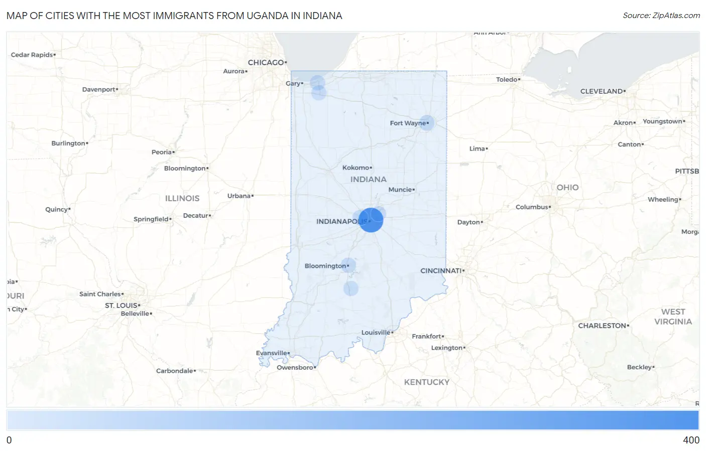 Cities with the Most Immigrants from Uganda in Indiana Map