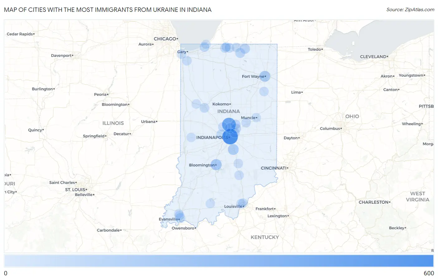 Cities with the Most Immigrants from Ukraine in Indiana Map