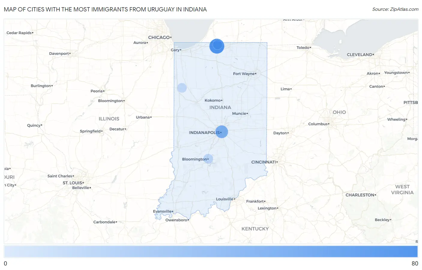 Cities with the Most Immigrants from Uruguay in Indiana Map