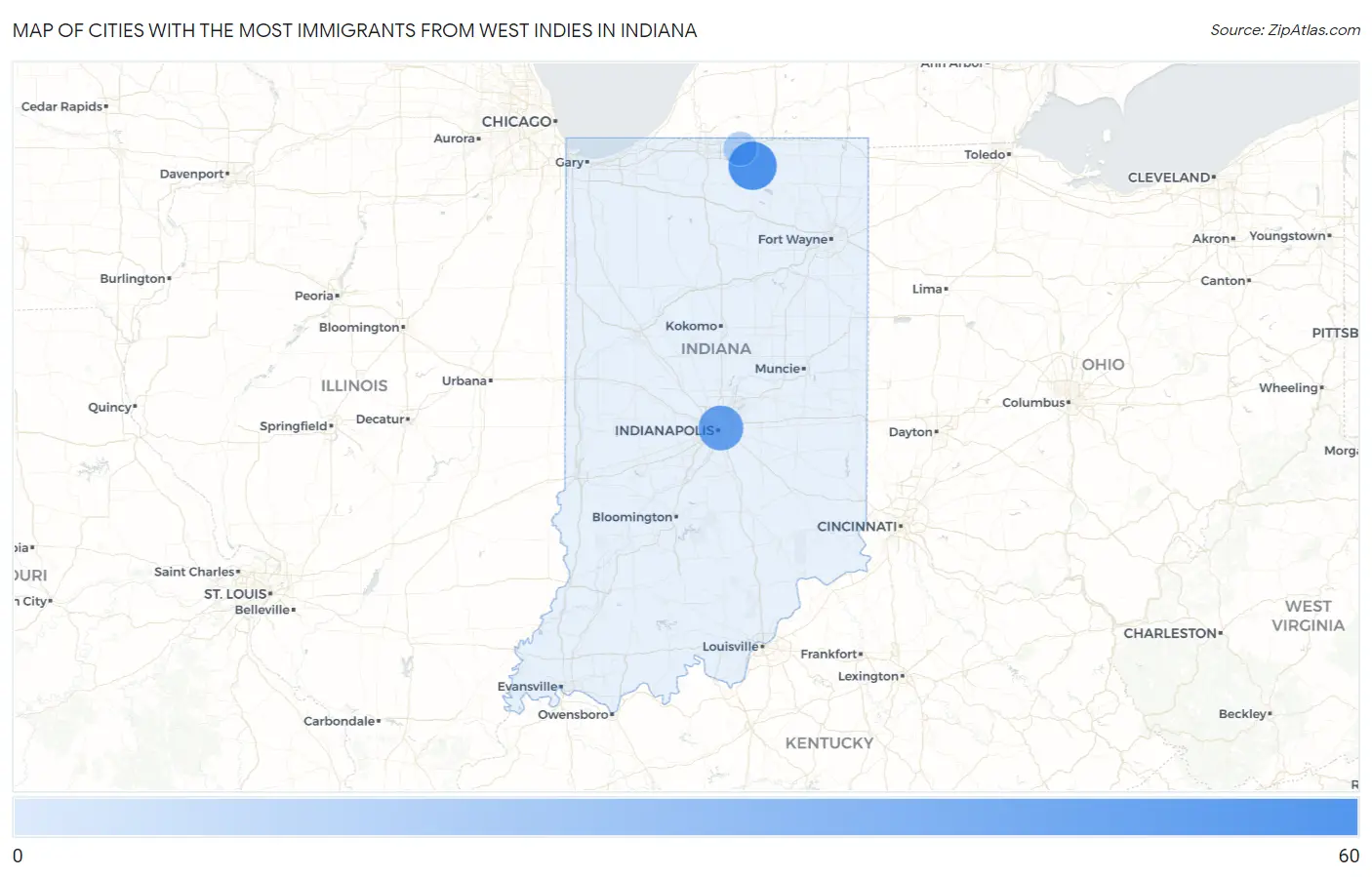 Cities with the Most Immigrants from West Indies in Indiana Map