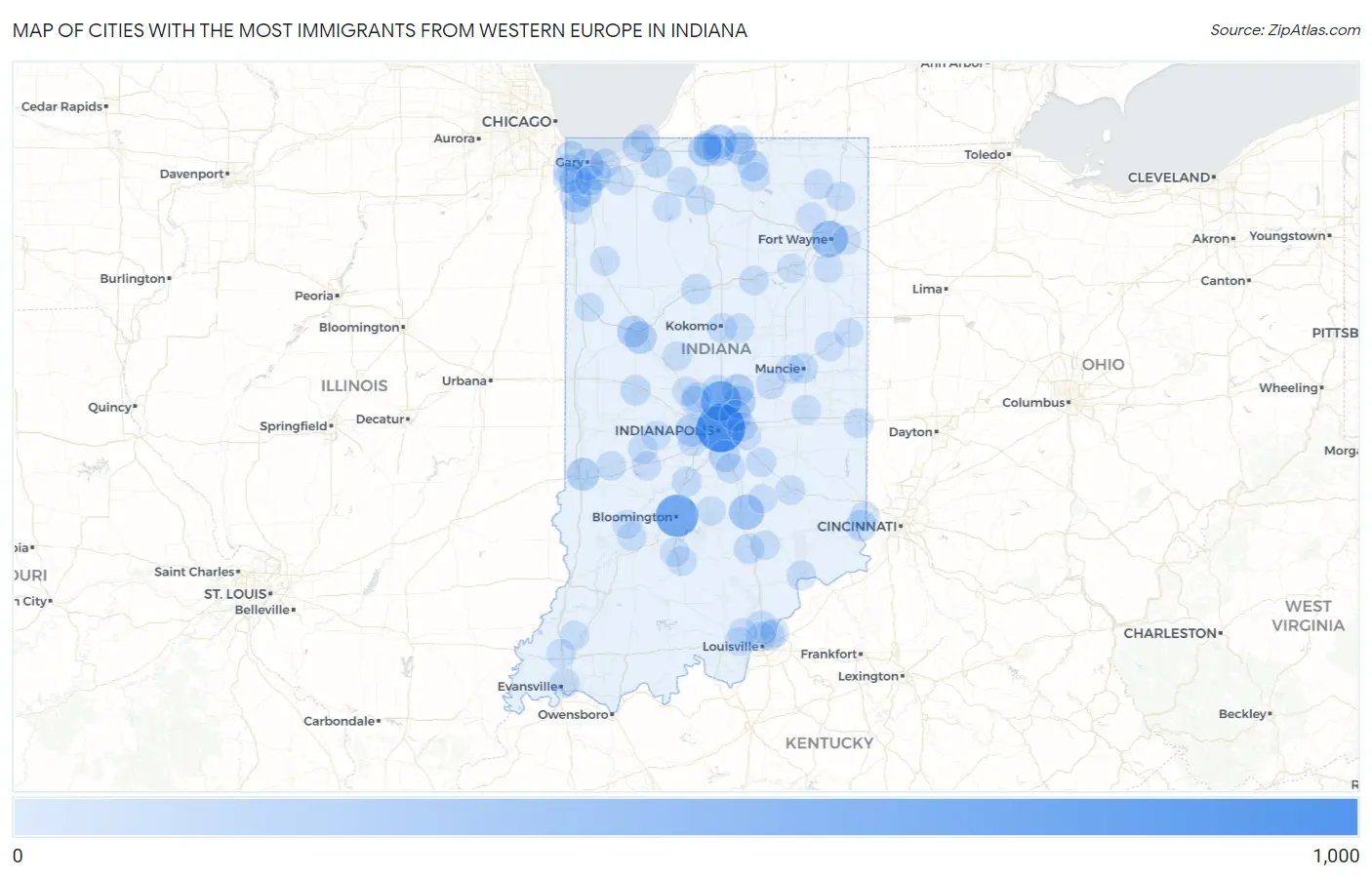 Cities with the Most Immigrants from Western Europe in Indiana Map