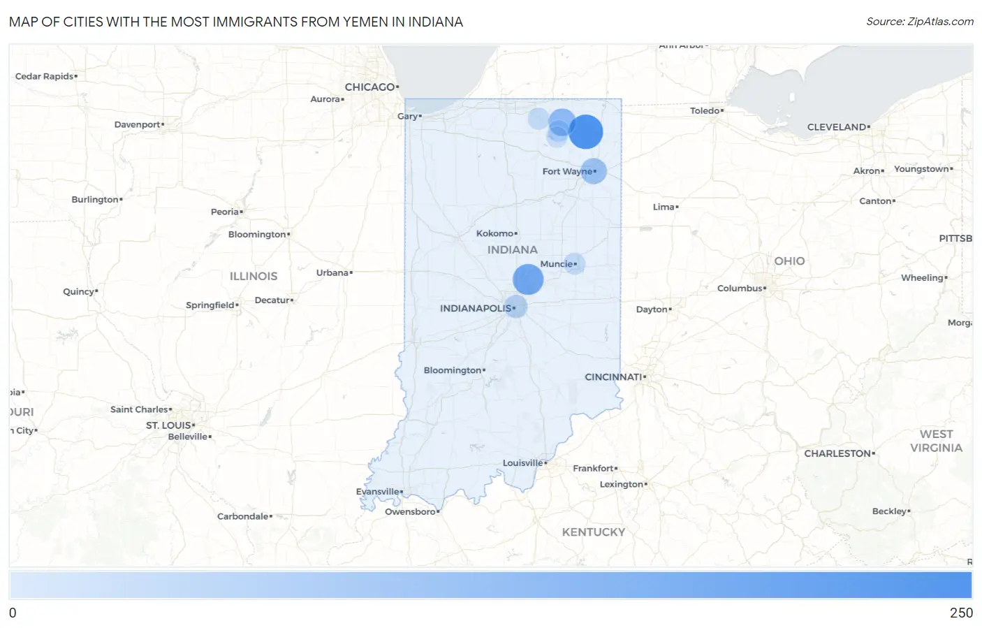 Cities with the Most Immigrants from Yemen in Indiana Map