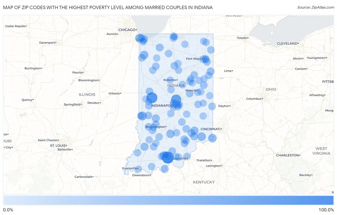 Zip Codes with the Highest Poverty Level Among Married Couples in Indiana Map