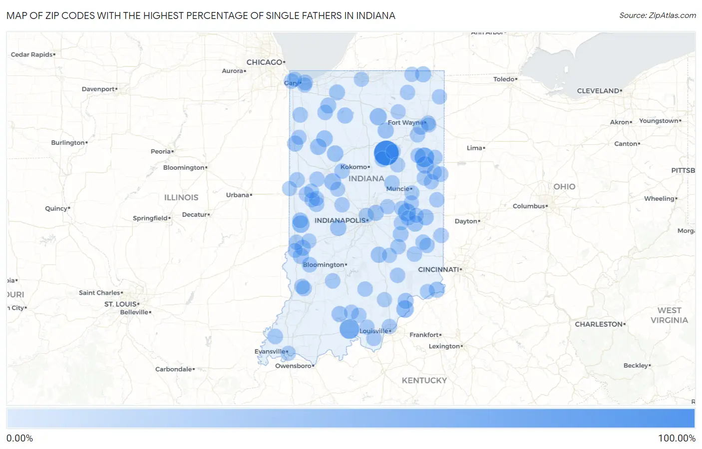 Zip Codes with the Highest Percentage of Single Fathers in Indiana Map