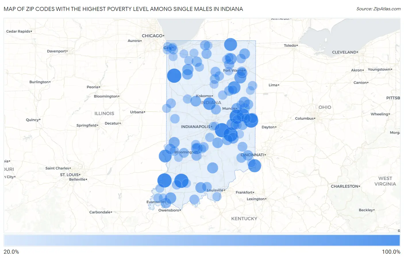 Zip Codes with the Highest Poverty Level Among Single Males in Indiana Map